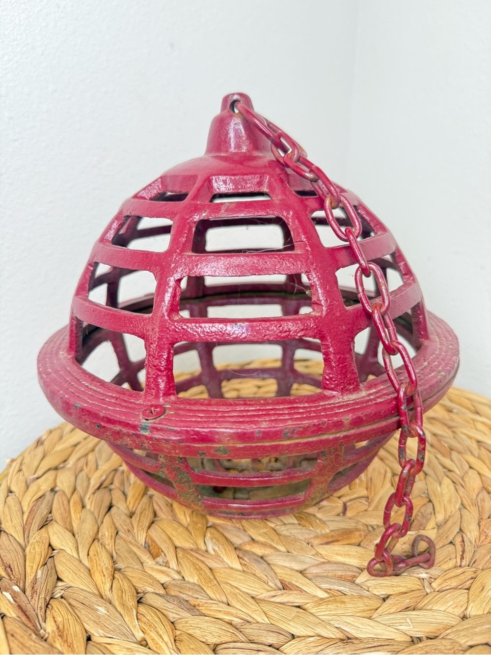 Vintage Japanese Hand-Cast Iron Orb Hanging Lantern Dark Red Maroon Garden Lamp